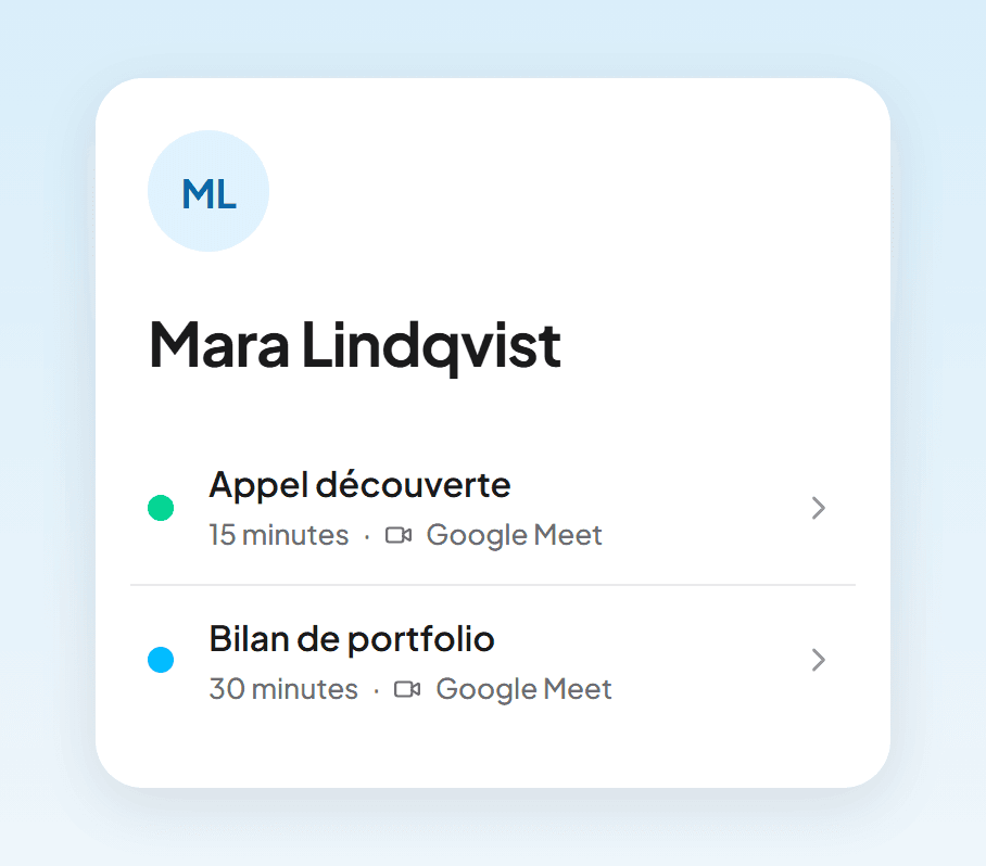 Une page de réservation avec un appel découverte et un bilan de portfolio, telle qu'un abonné la voit sur son téléphone