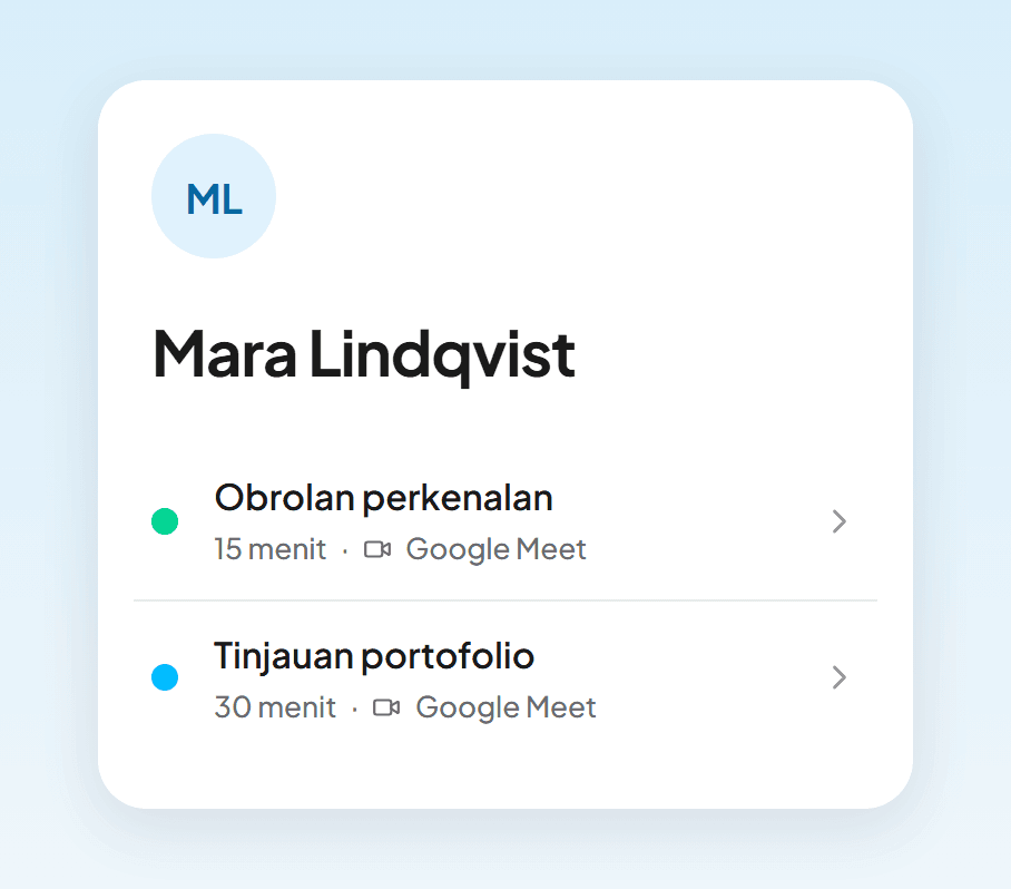 Halaman booking berisi obrolan perkenalan dan tinjauan portofolio, seperti yang dilihat pengikut di ponsel
