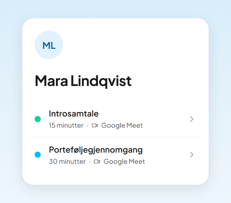 En bookingside med introsamtale og porteføljegjennomgang, slik en følger ser den på mobilen