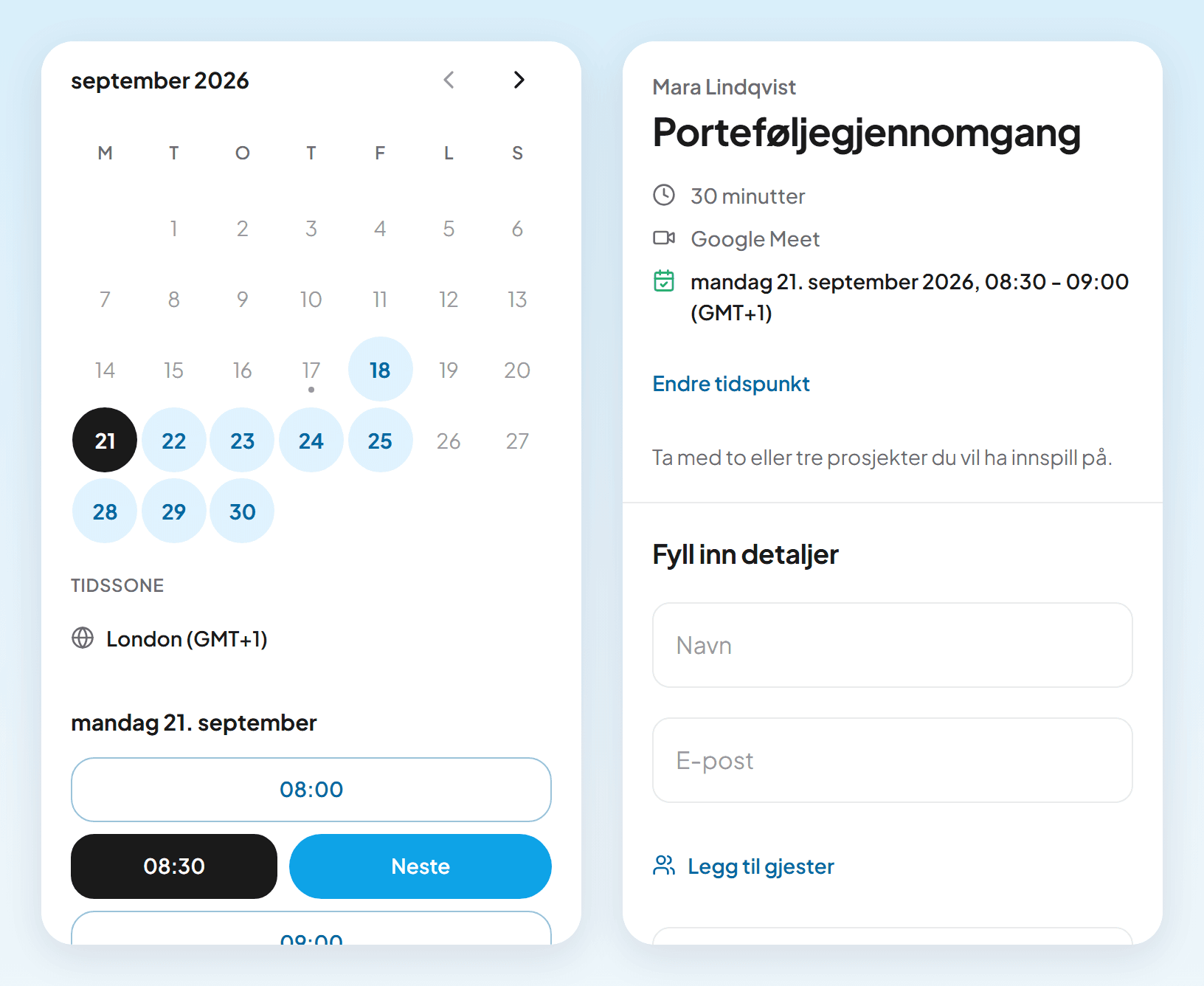 To mobilskjermer: ledige tider fra 08:00 i tidssonen London med Neste, og skjemaet som ber om navn, e-post og lenke til portefølje
