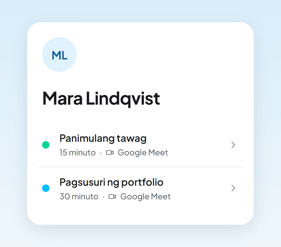 Booking page na may panimulang tawag at pagsusuri ng portfolio, gaya ng nakikita ng follower sa phone
