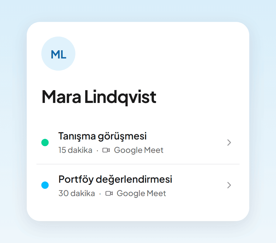 Bir takipçinin telefonda gördüğü, tanışma görüşmesi ve portföy değerlendirmesi olan randevu sayfası