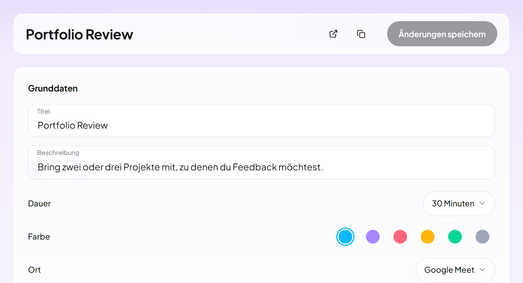 Der Editor einer Terminart mit einem 30-minütigen Portfolio Review über Google Meet