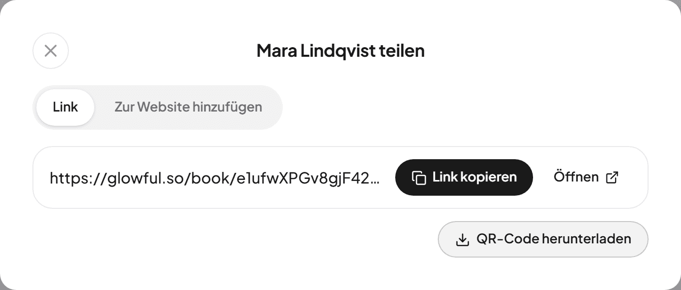 Das Fenster Teilen mit dem Buchungslink, Link kopieren und QR-Code herunterladen
