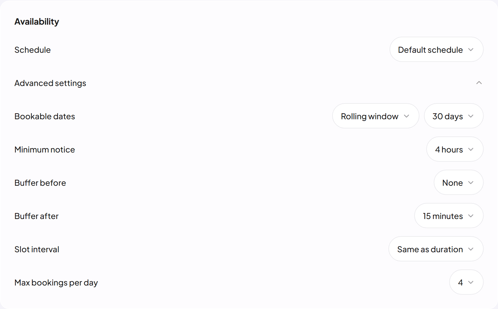 Booking rules in the editor: minimum notice, buffers and a daily limit
