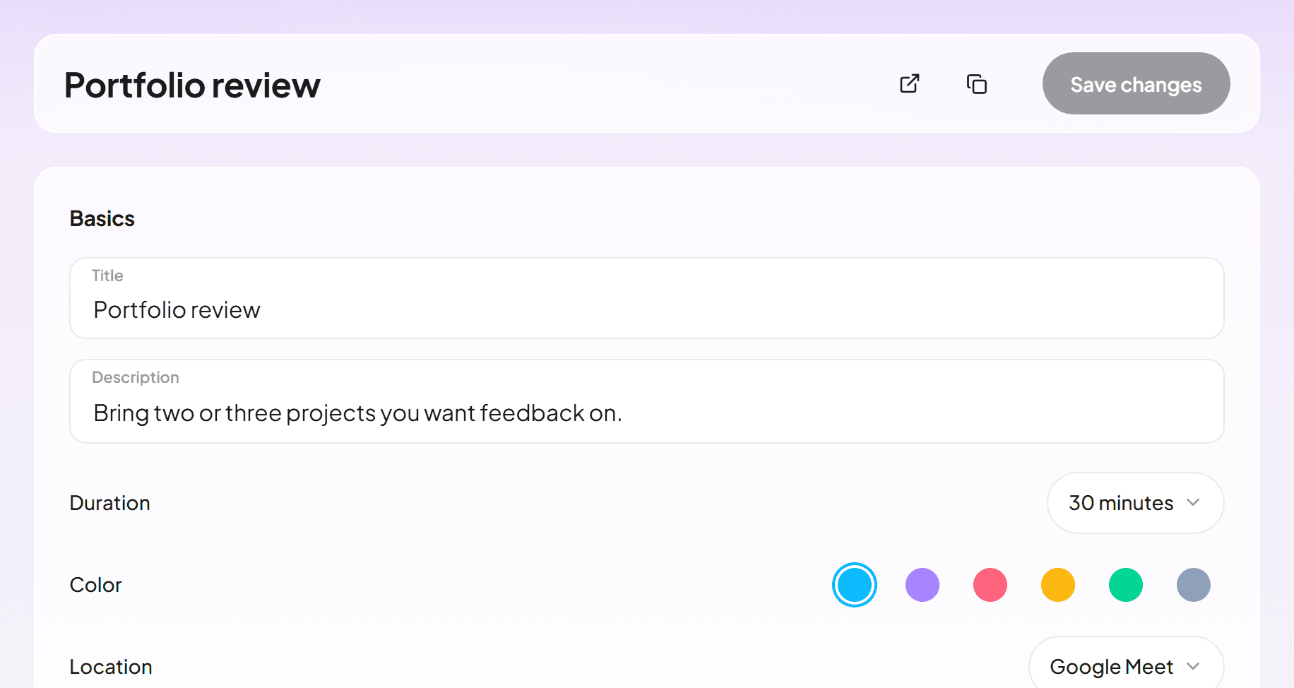 The event type editor with a 30 minute portfolio review on Google Meet