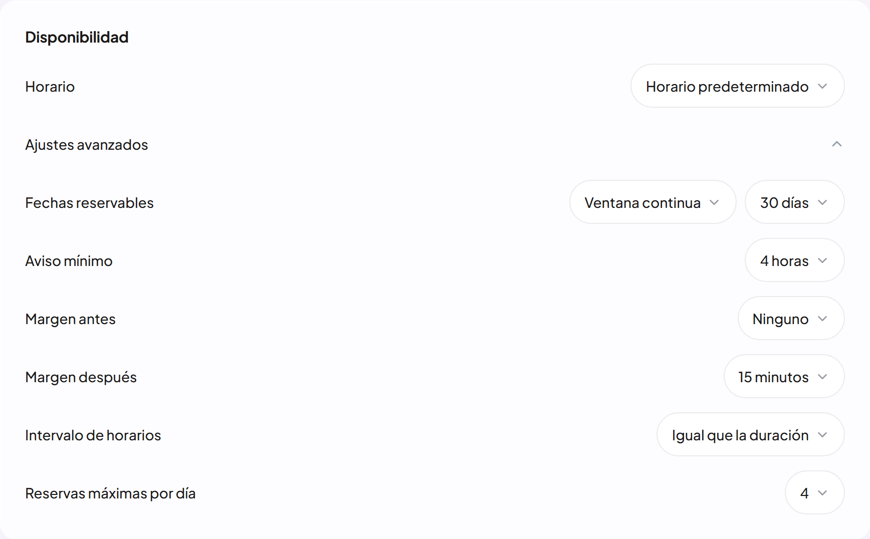 Reglas de reserva en el editor: aviso mínimo, márgenes y reservas máximas por día