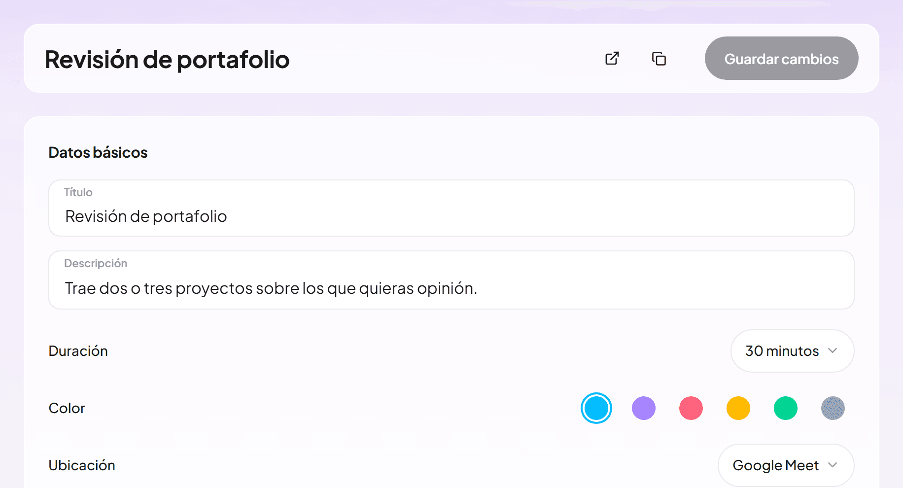 El editor de un tipo de evento con una revisión de portafolio de 30 minutos por Google Meet