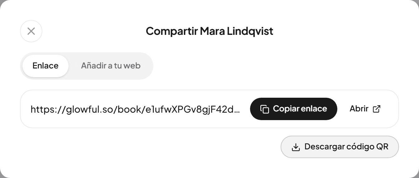 La ventana Compartir con el enlace de reserva, Copiar enlace y Descargar código QR
