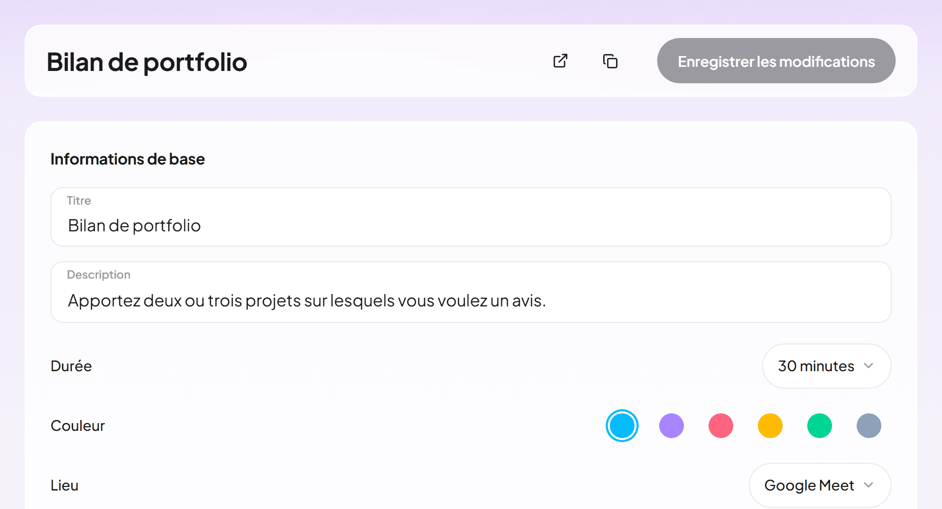 L'éditeur d'un type d'événement avec un bilan de portfolio de 30 minutes sur Google Meet