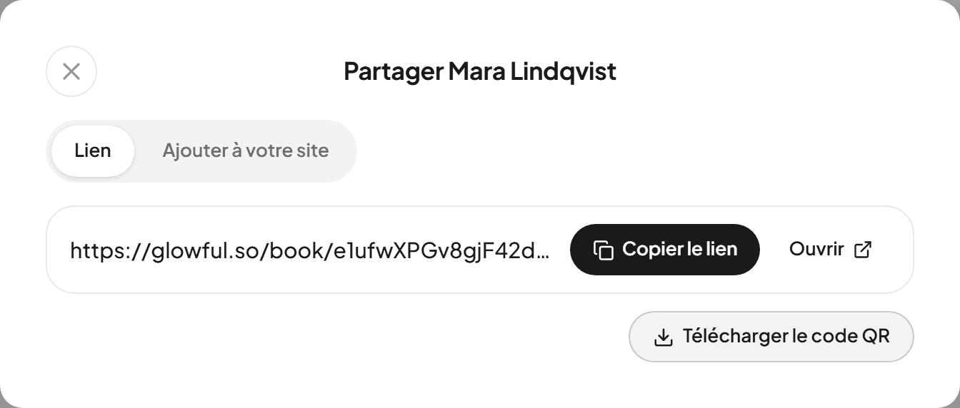 La fenêtre Partager avec le lien de réservation, Copier le lien et Télécharger le code QR