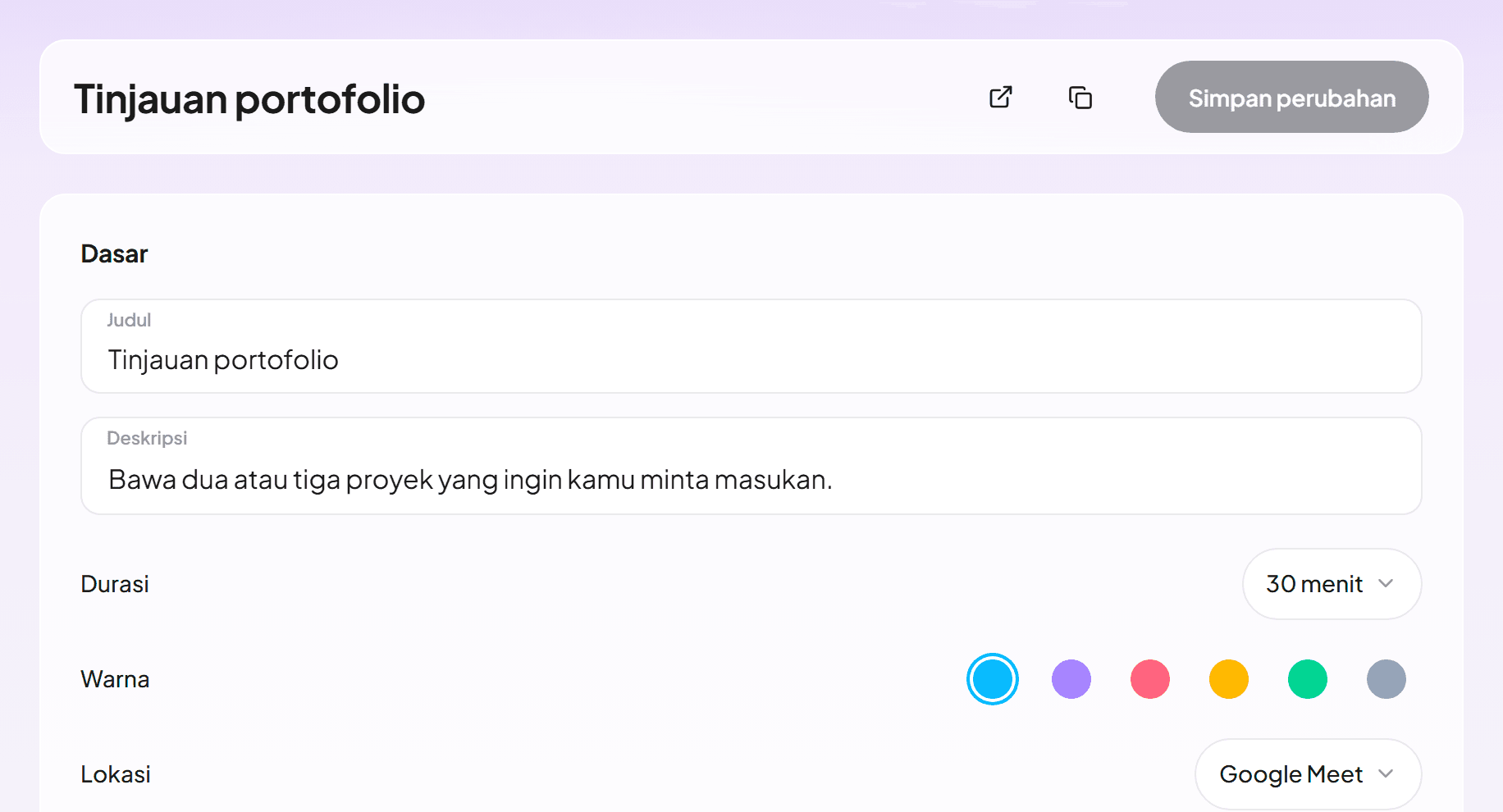 Editor jenis acara dengan tinjauan portofolio 30 menit lewat Google Meet