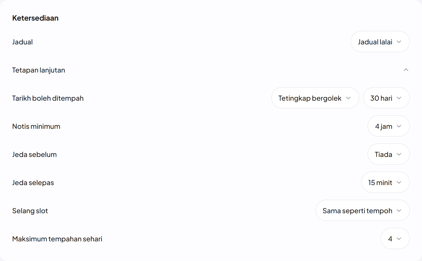 Peraturan tempahan dalam editor: notis minimum, jeda dan maksimum tempahan sehari