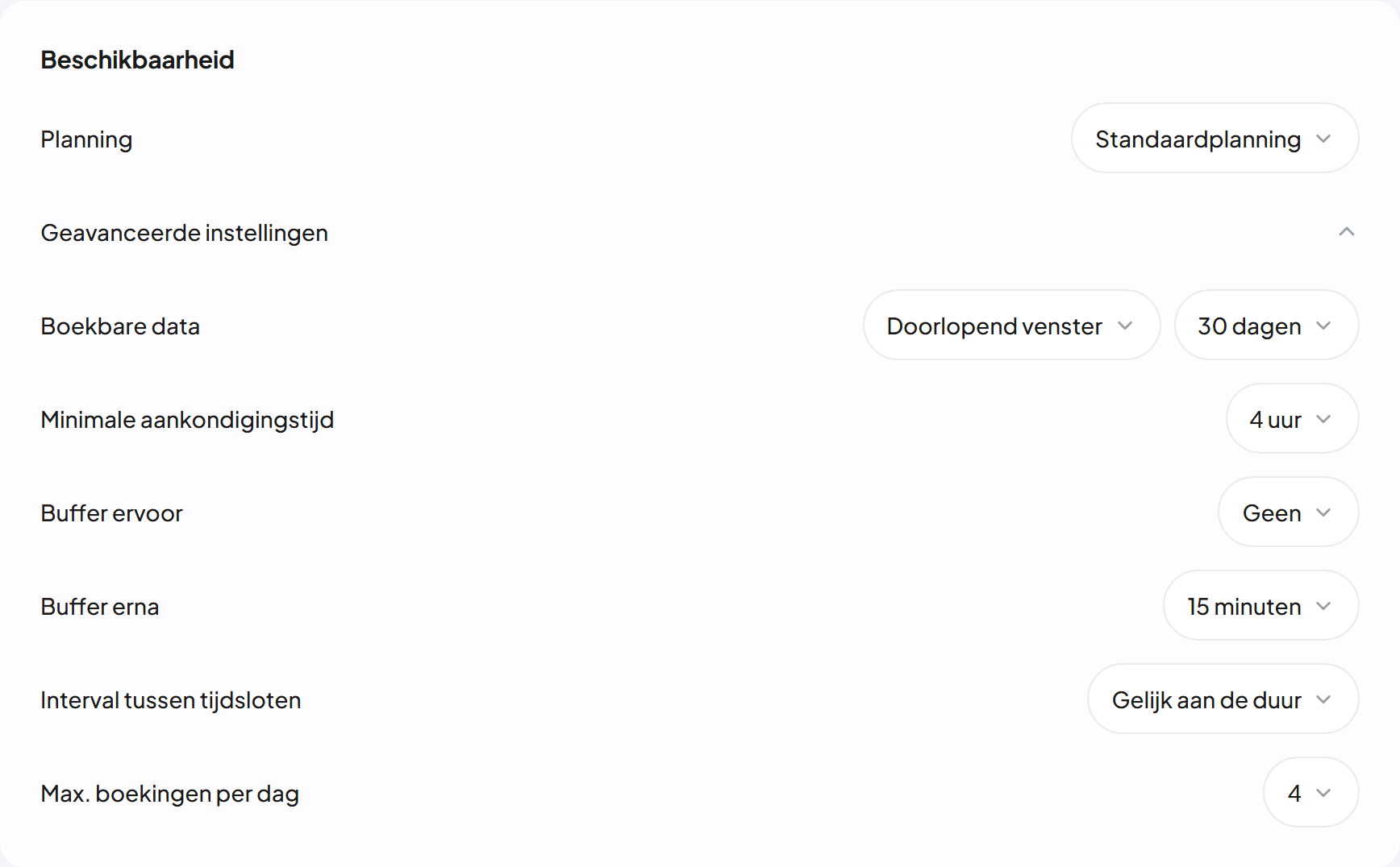 Boekingsregels in de editor: minimale aankondigingstijd, buffers en max. boekingen per dag