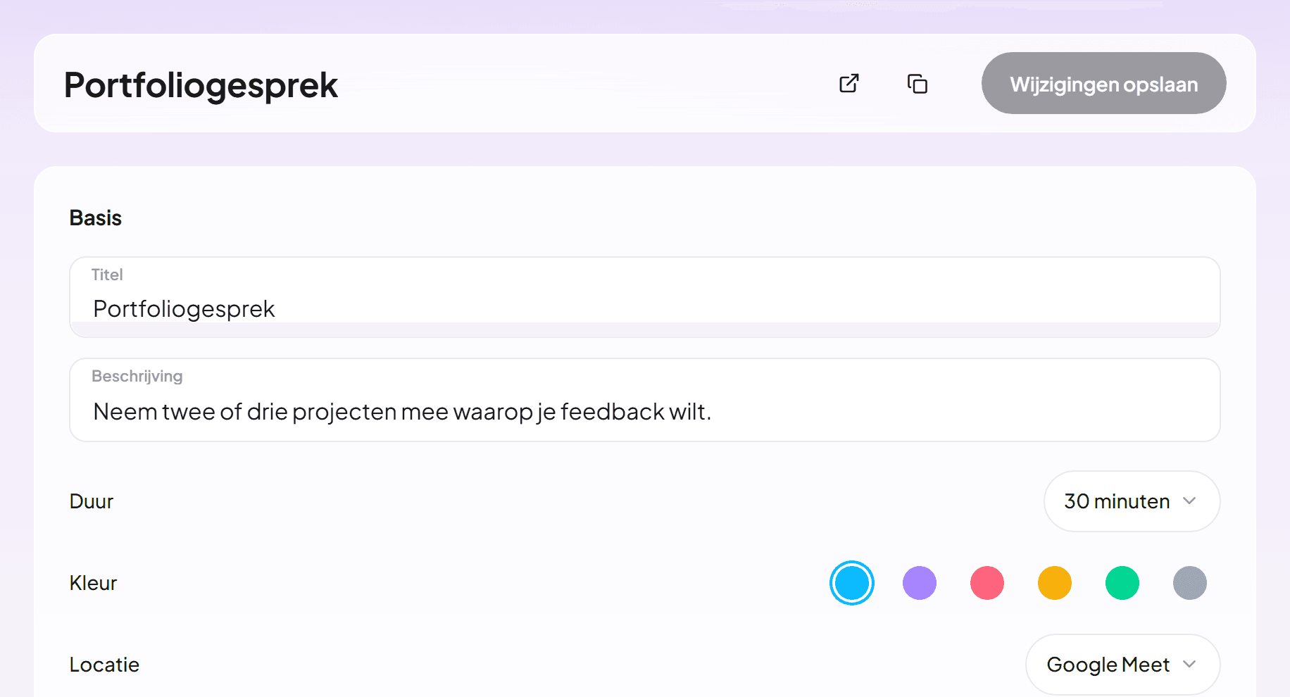 De editor van een afspraaktype met een portfoliogesprek van 30 minuten via Google Meet