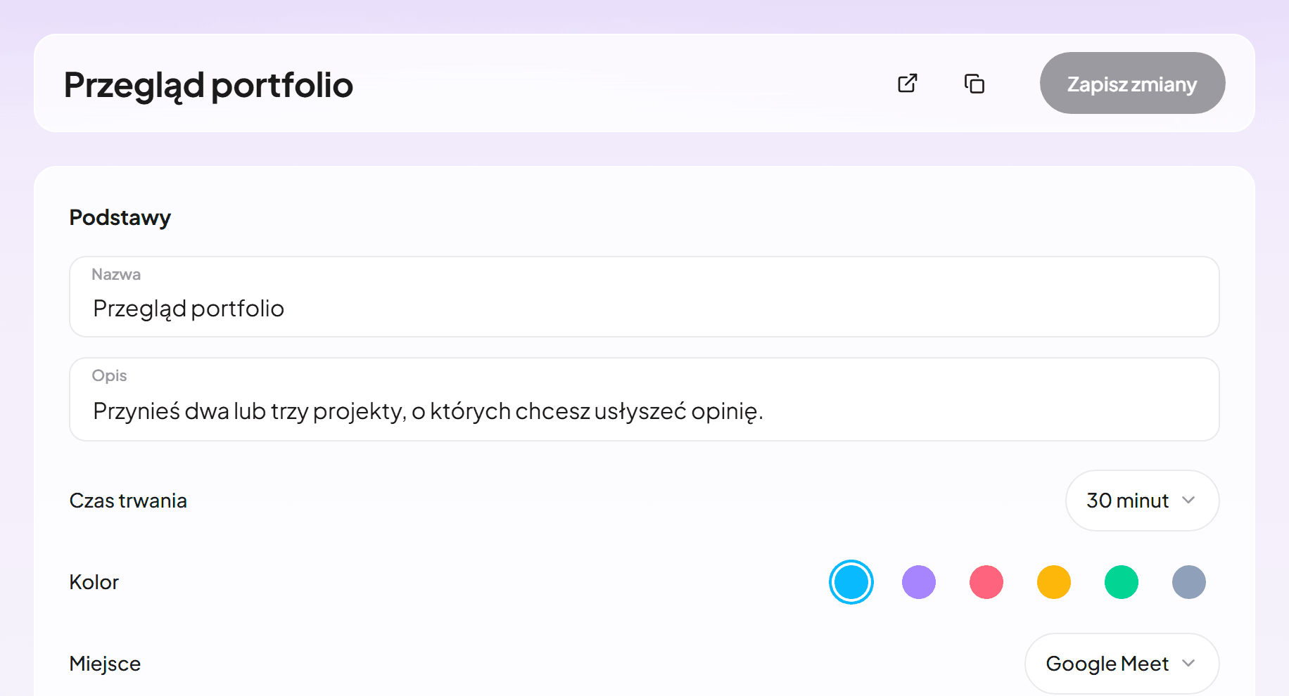 Edytor typu wydarzenia z 30-minutowym przeglądem portfolio w Google Meet