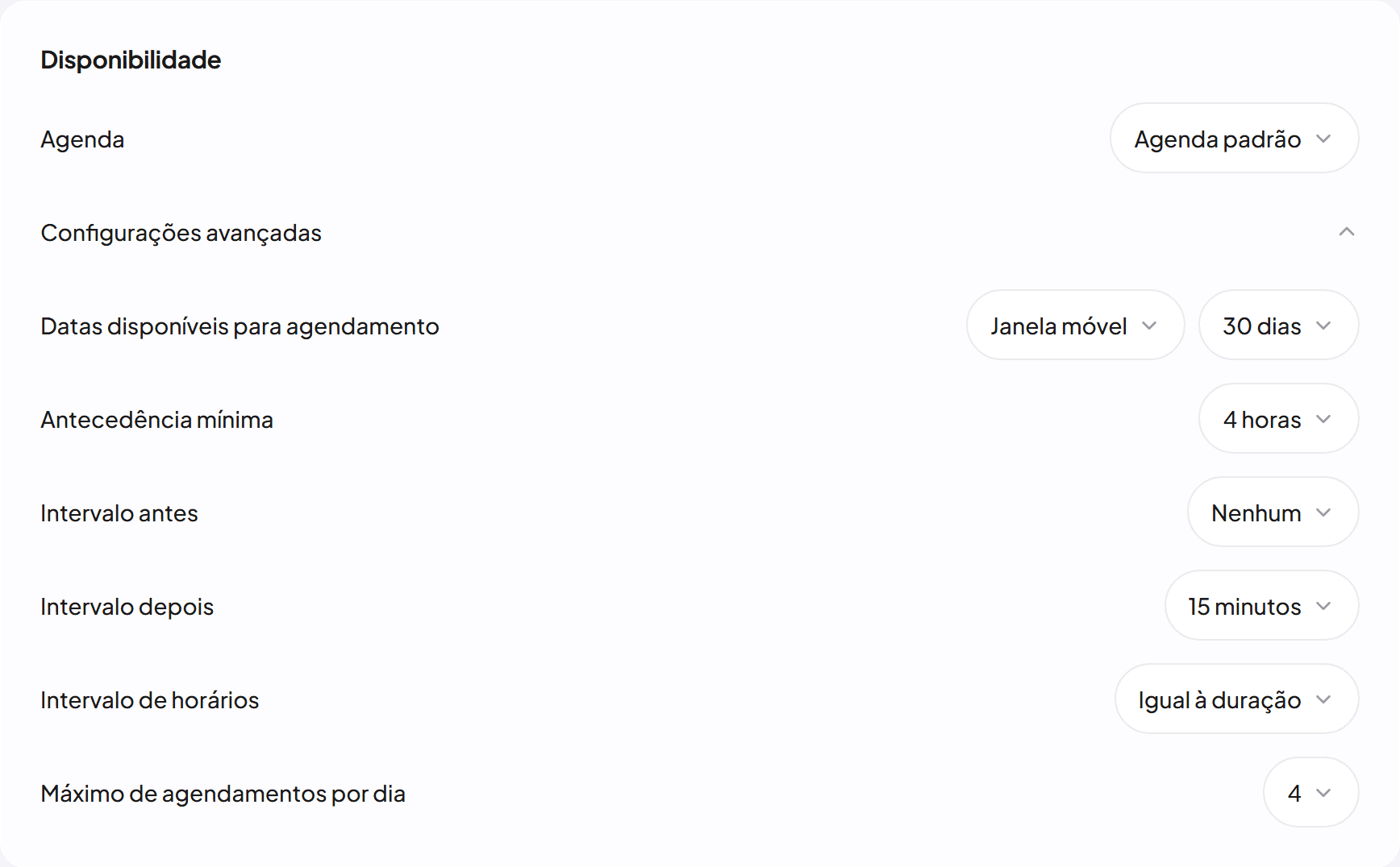 Regras de agendamento no editor: antecedência mínima, intervalos e máximo de agendamentos por dia
