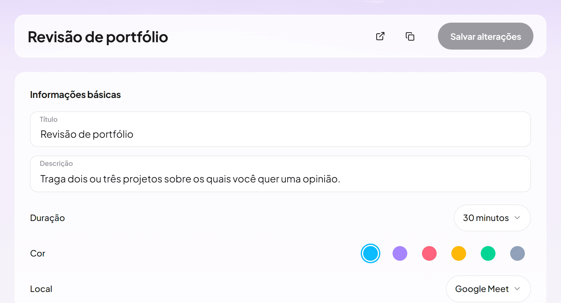 O editor de um tipo de evento com uma revisão de portfólio de 30 minutos no Google Meet