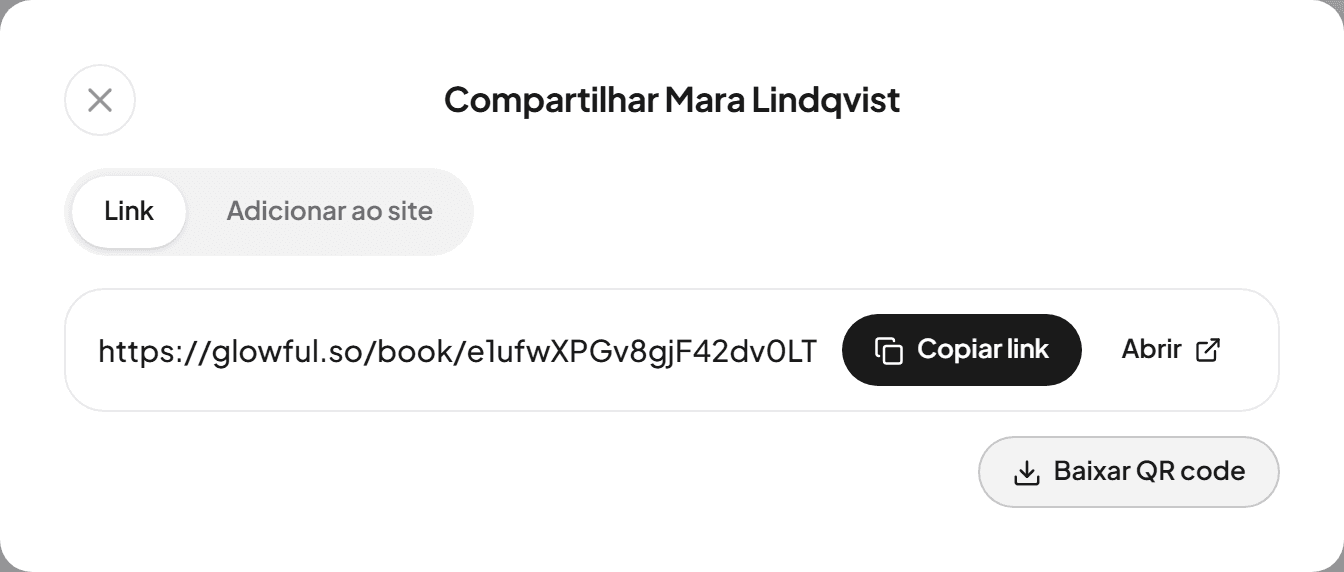 A janela Compartilhar com o link de agendamento, Copiar link e Baixar QR code