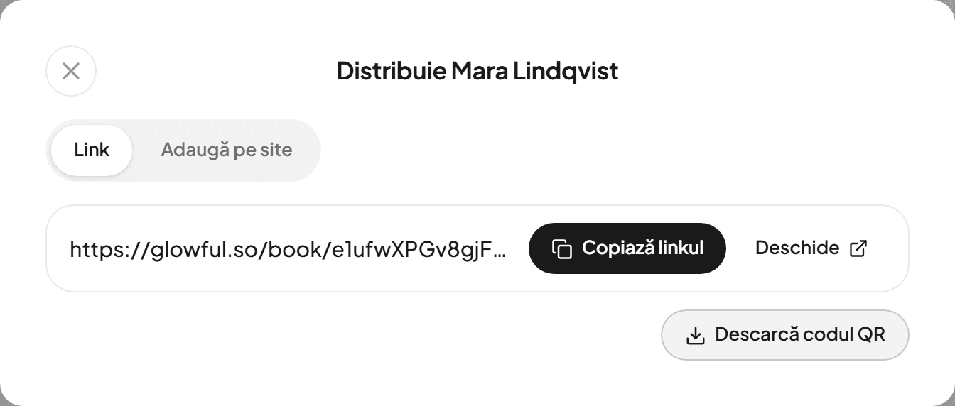 Fereastra Distribuie cu linkul de programare, Copiază linkul și Descarcă codul QR