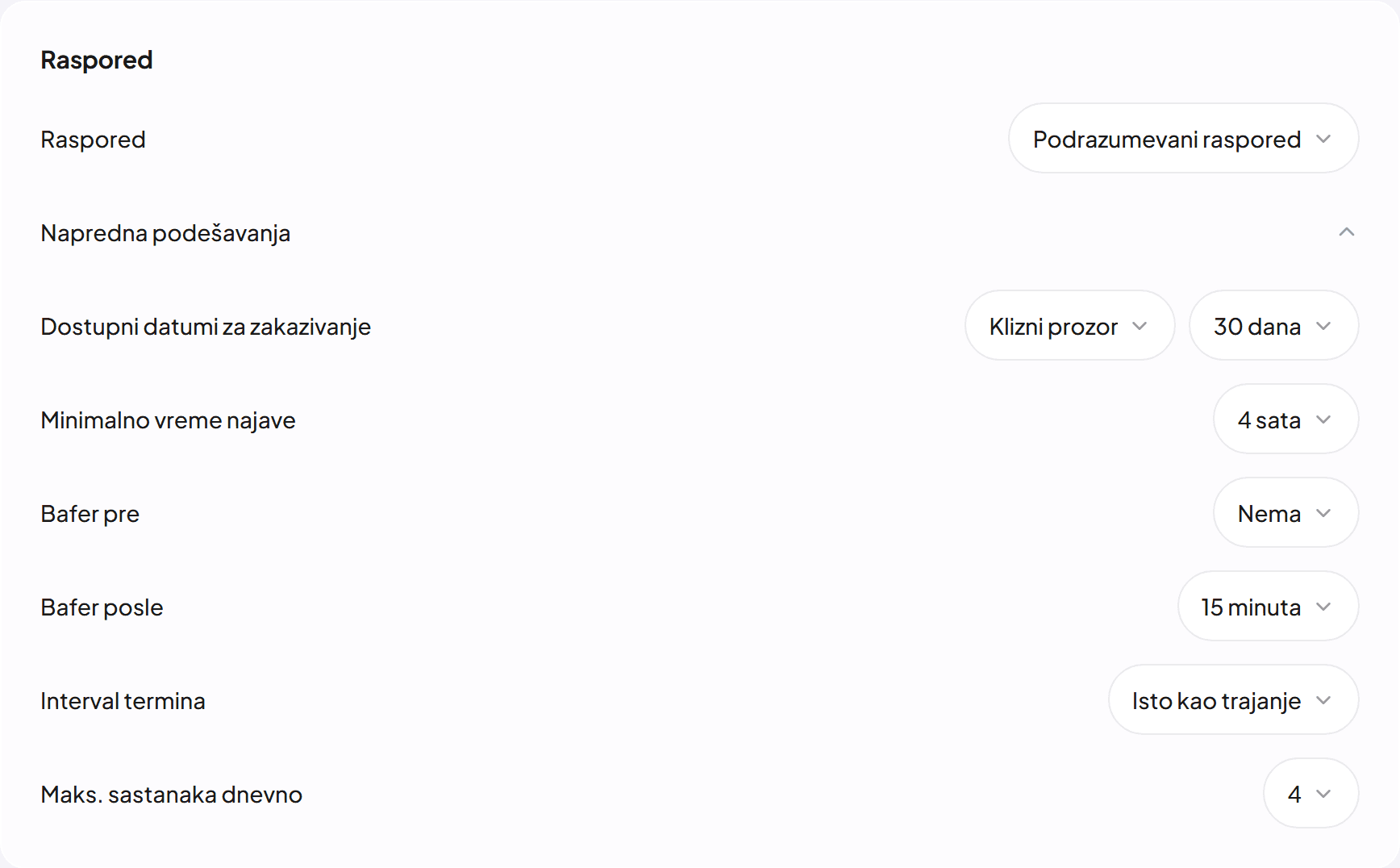 Pravila zakazivanja u uređivaču: minimalno vreme najave, pauze i maksimalan broj sastanaka dnevno