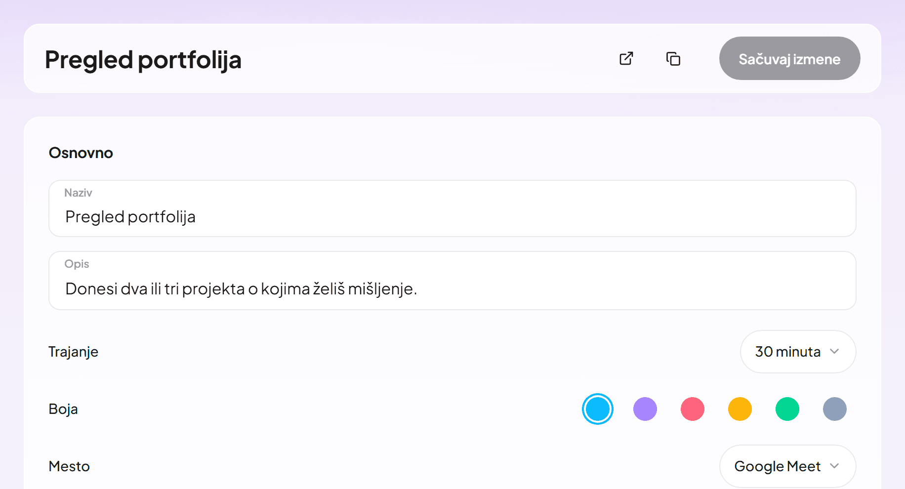 Uređivač tipa događaja sa pregledom portfolija od 30 minuta preko Google Meet-a