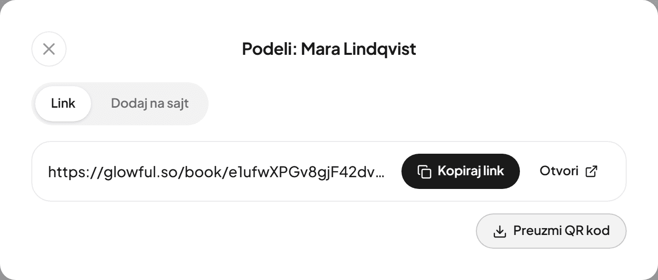 Prozor Podeli sa linkom za zakazivanje, Kopiraj link i Preuzmi QR kod
