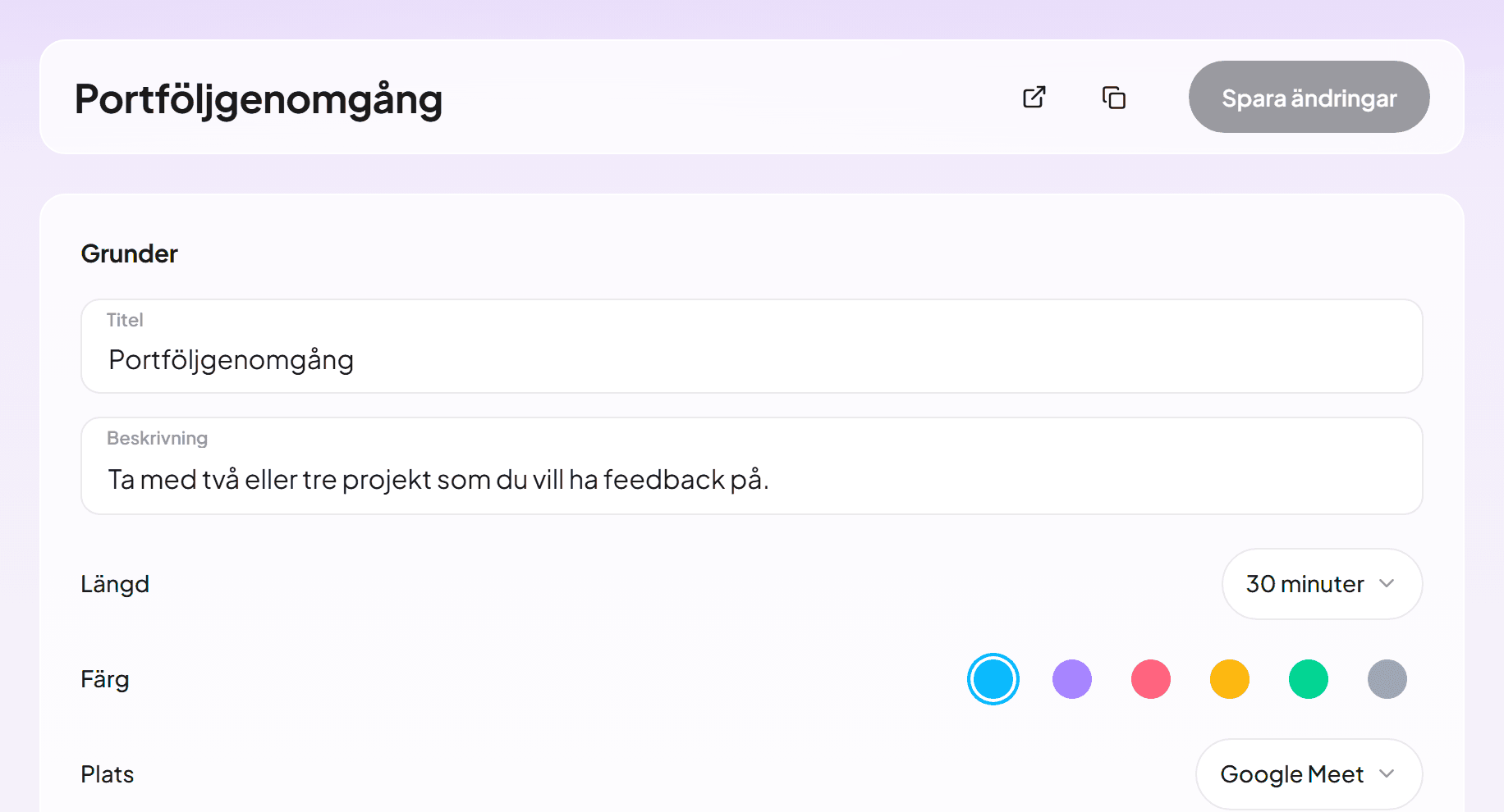 Redigeraren för en mötestyp med en portföljgenomgång på 30 minuter via Google Meet