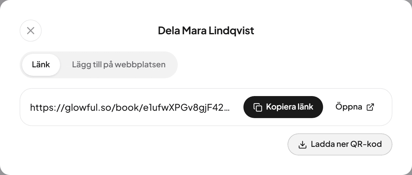 Fönstret Dela med bokningslänken, Kopiera länk och Ladda ner QR-kod