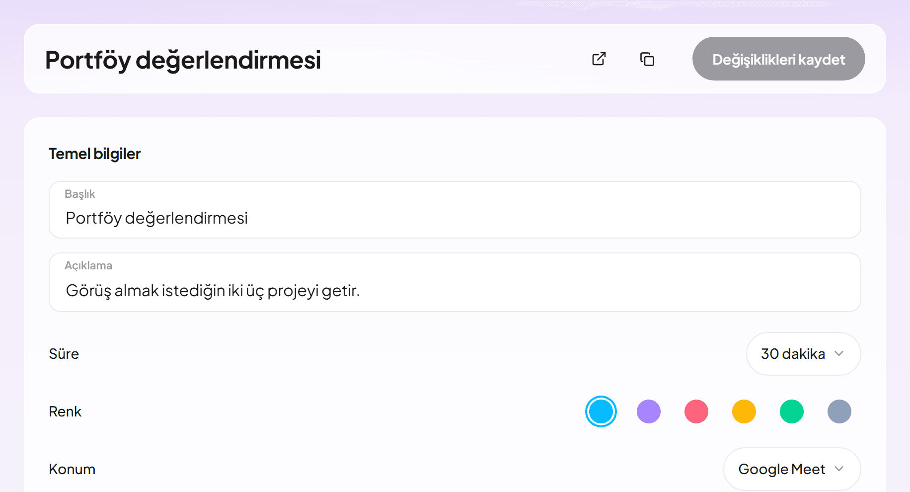 Google Meet üzerinde 30 dakikalık portföy değerlendirmesi açık etkinlik türü düzenleyicisi