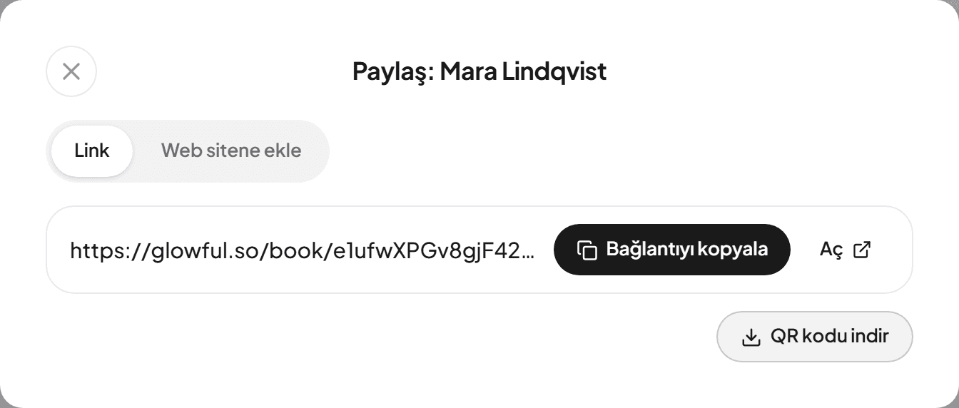 Randevu bağlantısı, Bağlantıyı kopyala ve QR kodu indir düğmeleriyle Paylaş penceresi