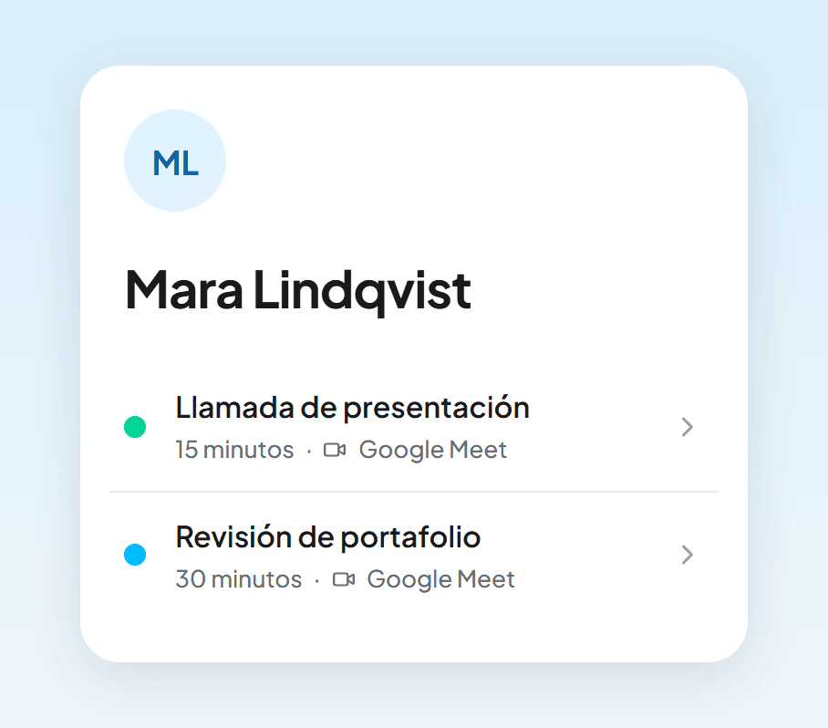 Una página de reservas con una llamada de presentación y una revisión de portafolio, tal como la ve un seguidor en el móvil