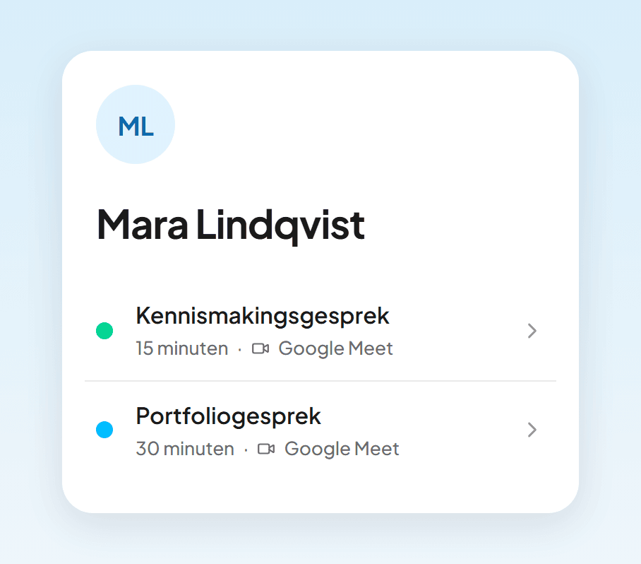 Een boekingspagina met kennismakingsgesprek en portfoliogesprek, zoals een volger die op de telefoon ziet