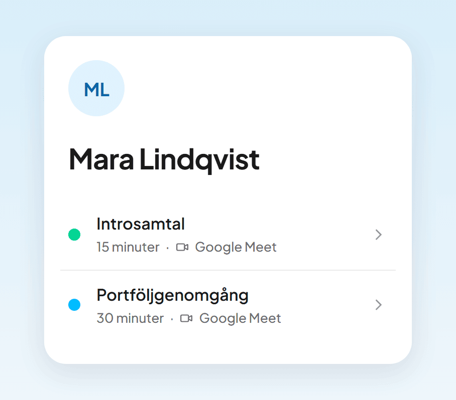En bokningssida med introsamtal och portföljgenomgång, så som en följare ser den i mobilen