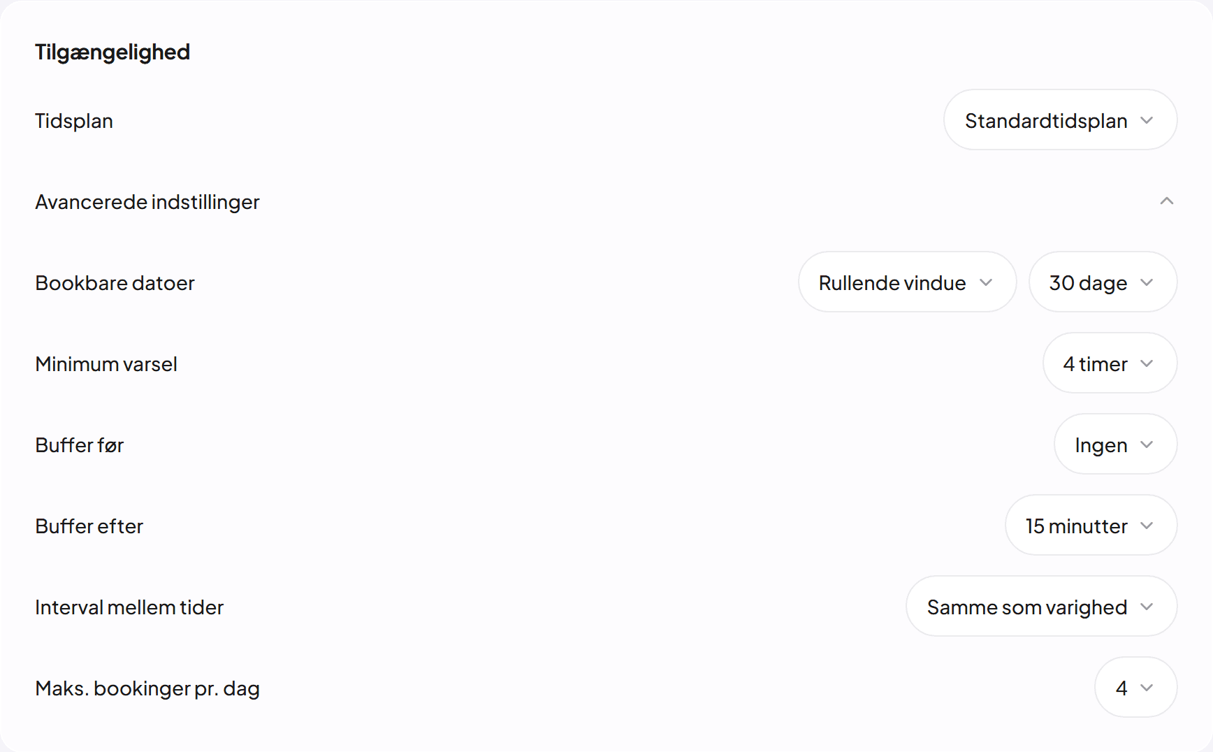 Bookingregler i editoren: minimum varsel, buffere og maks. bookinger pr. dag