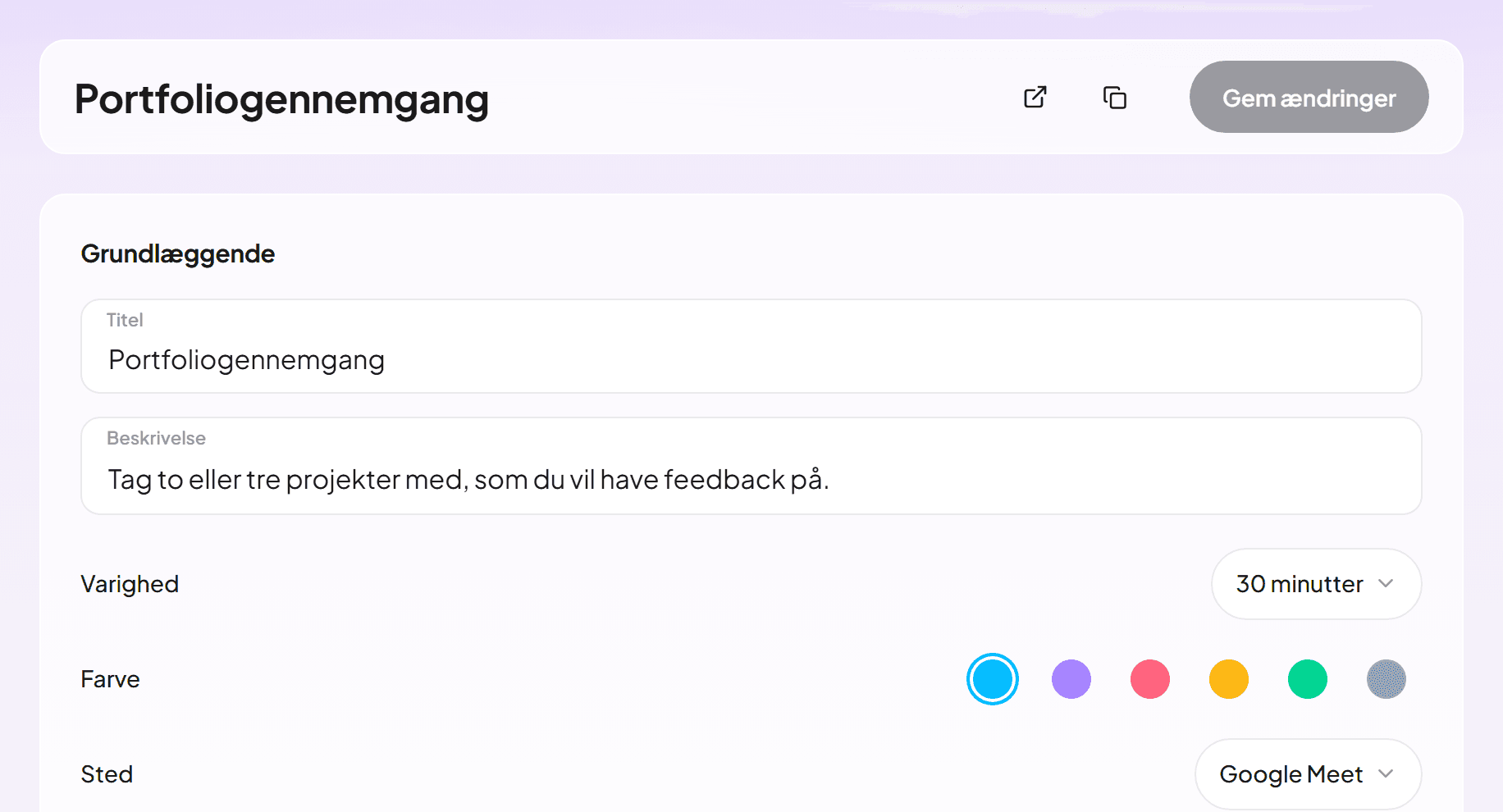 Redigering af en begivenhedstype med en portfoliogennemgang på 30 minutter via Google Meet