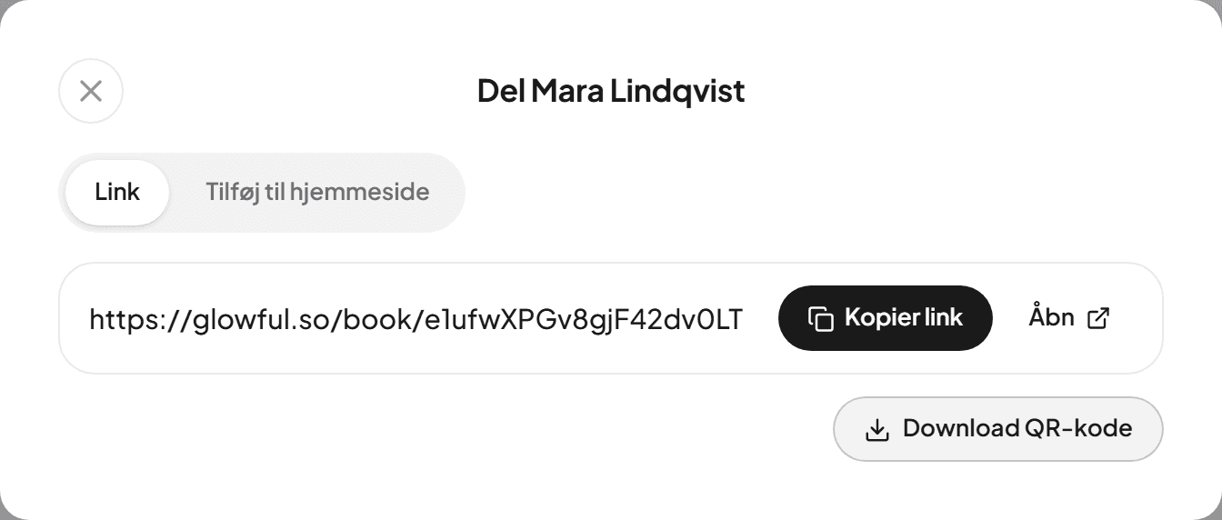 Vinduet Del med bookinglinket, Kopier link og Download QR-kode