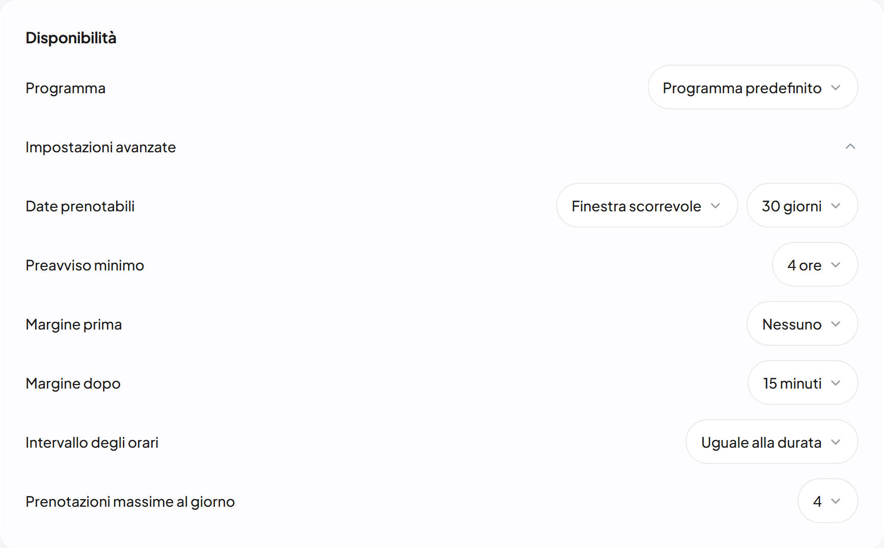 Regole di prenotazione nell'editor: preavviso minimo, margini e prenotazioni massime al giorno