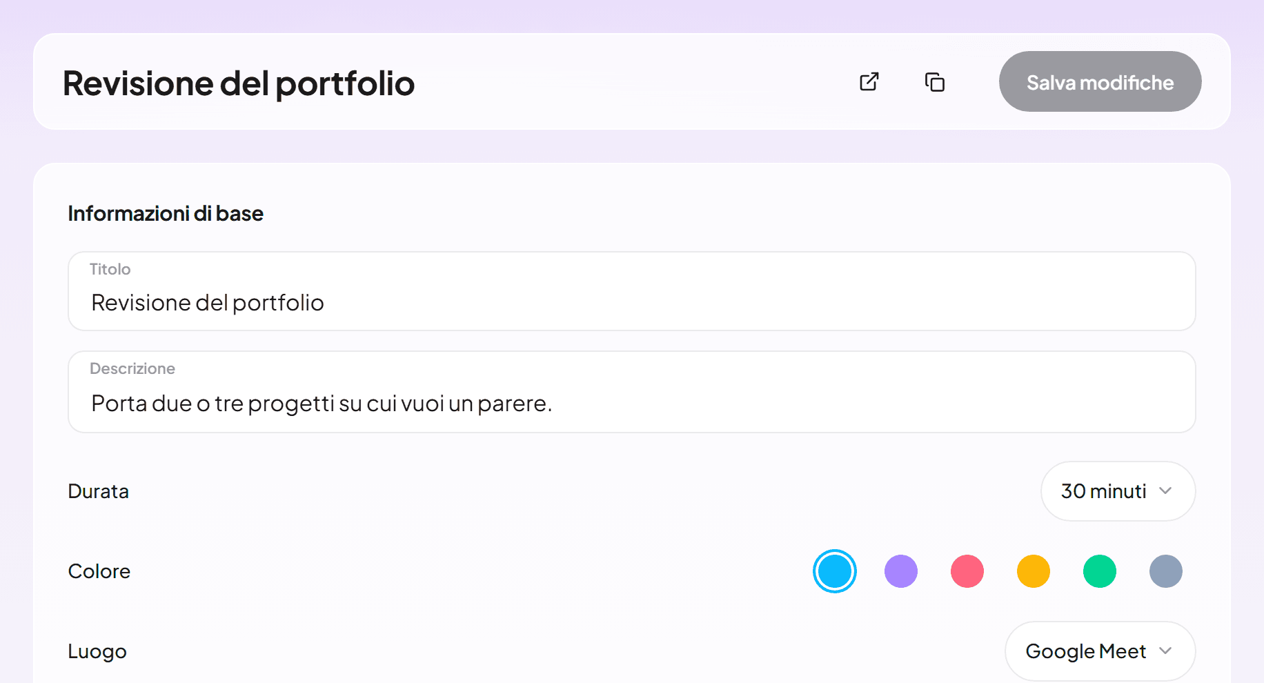 L'editor di un tipo di evento con una revisione del portfolio di 30 minuti su Google Meet