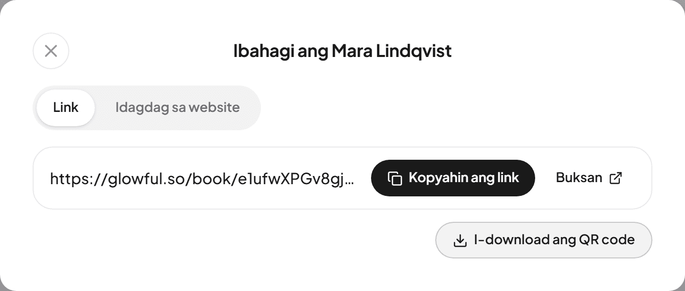 Ang window na Ibahagi na may booking link, Kopyahin ang link at I-download ang QR code