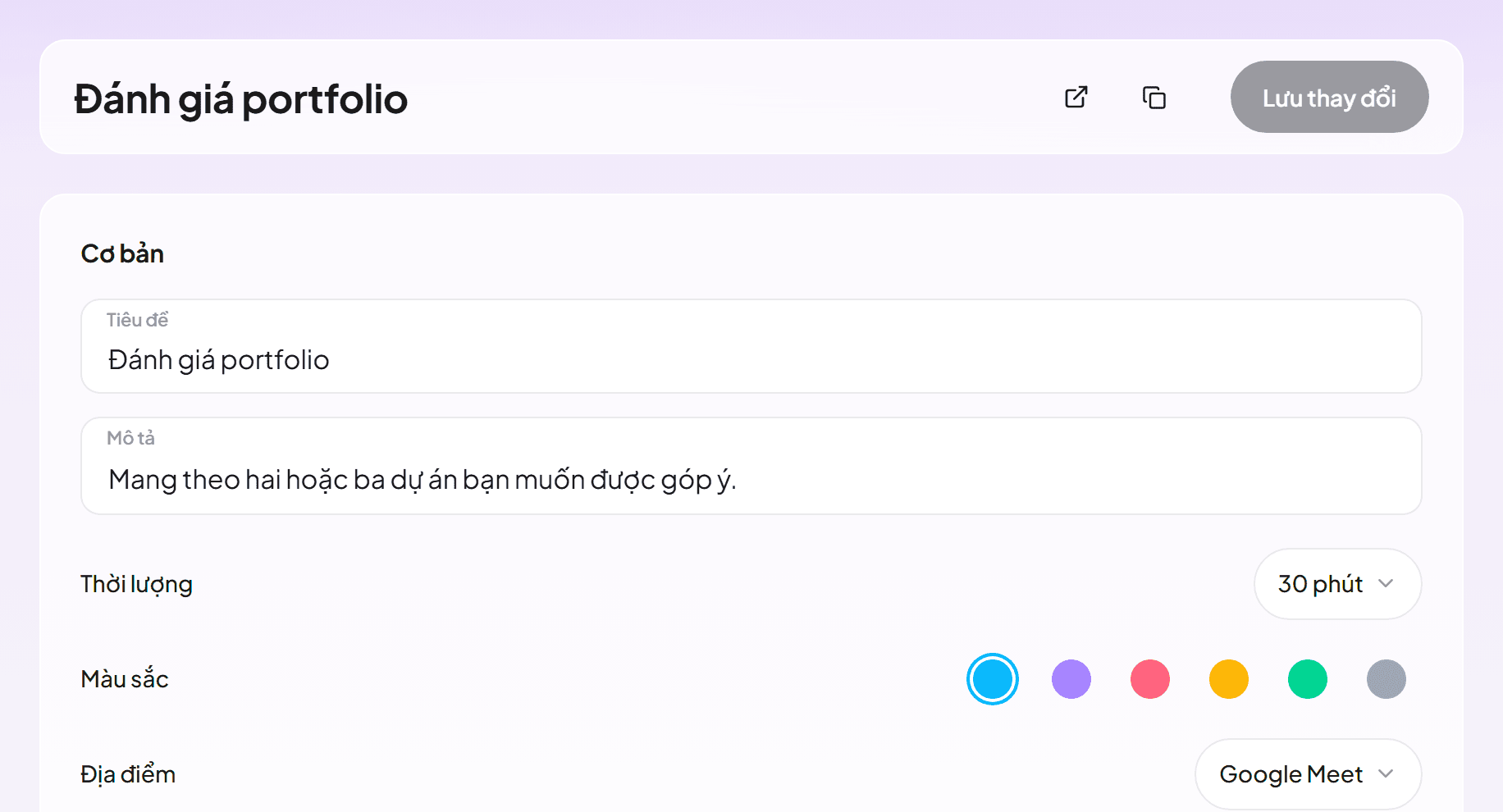 Trình chỉnh sửa loại sự kiện với buổi đánh giá portfolio 30 phút qua Google Meet
